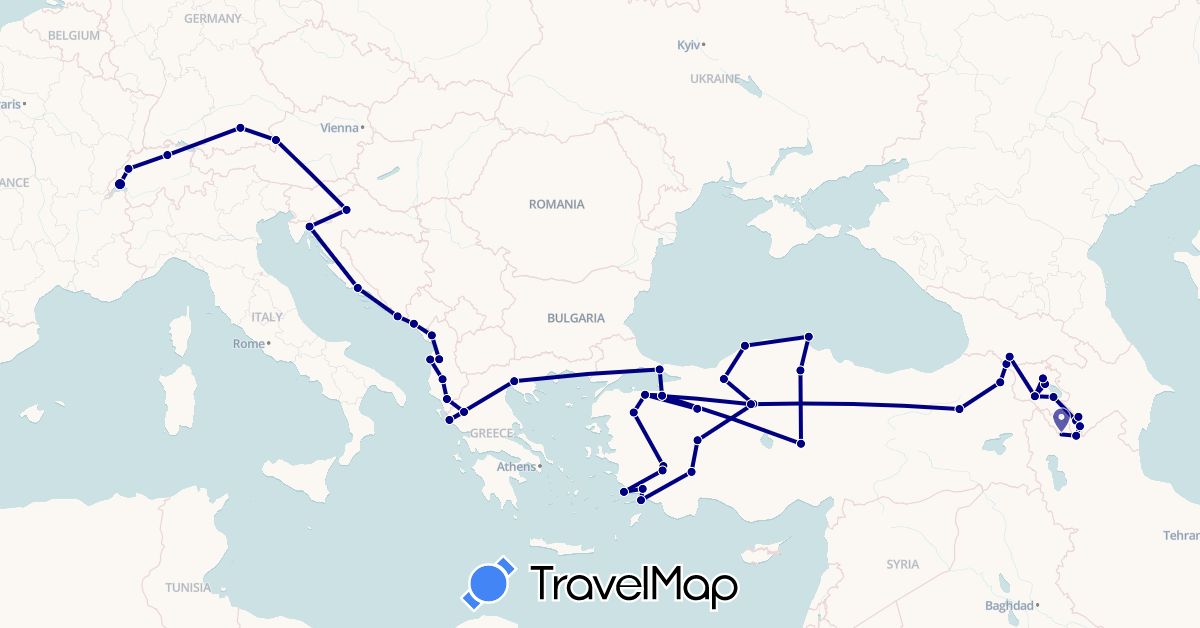 TravelMap itinerary: driving in Albania, Armenia, Austria, Switzerland, Germany, Georgia, Greece, Croatia, Iran, Montenegro, Turkey (Asia, Europe)